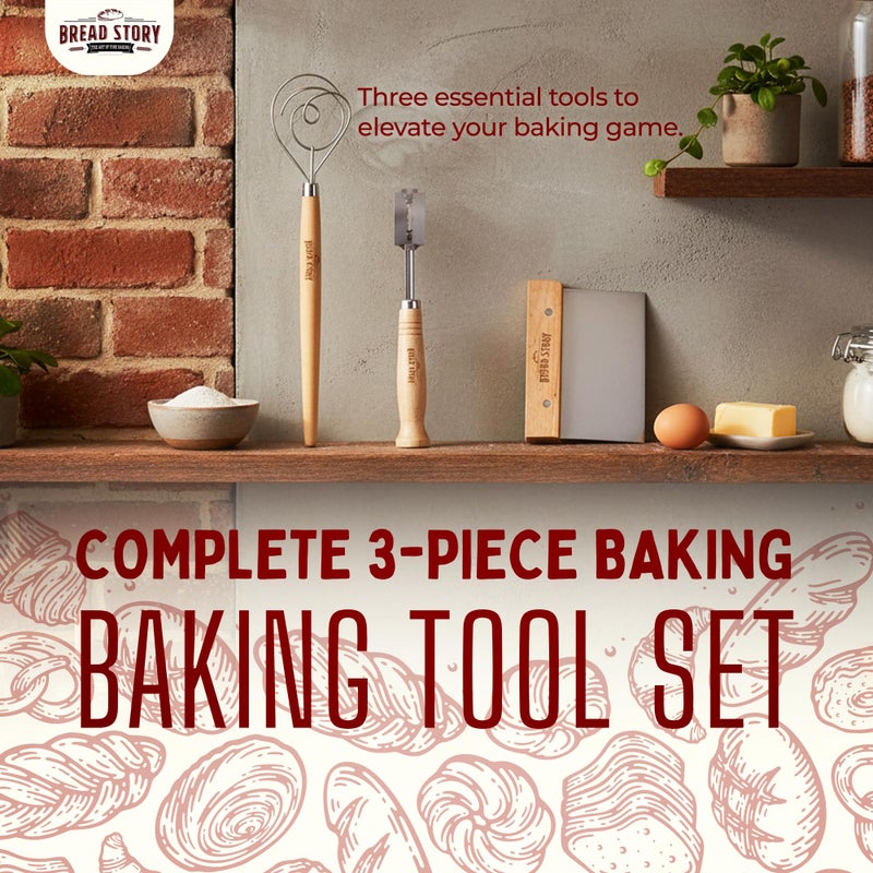 Bread Story Danish Dough Whisk Set â€“ Wooden Scraper & Lame Scoring Tool | Sourdough Whisk & Mixing Tool Kit | Bread Utensils for Homemade Bread, Pizza, Pastry | Stainless Steel & Wood - Image 2